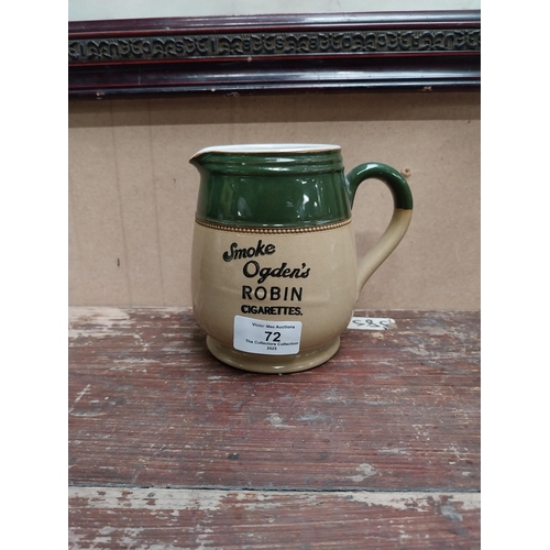 72 - Ogden's Robin cigarettes advertising jug {14cm H x 15cm W x 10cm D}.