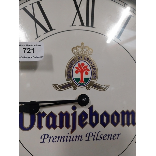 721 - Oranjeboom Pilsner battery operated advertising clock. {39 cm Diam=.}.