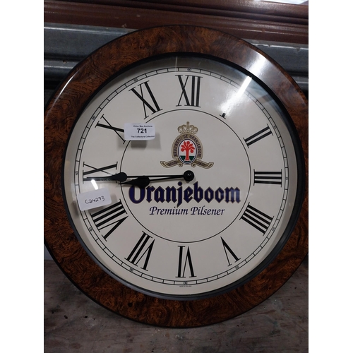 721 - Oranjeboom Pilsner battery operated advertising clock. {39 cm Diam=.}.