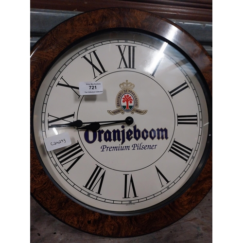 721 - Oranjeboom Pilsner battery operated advertising clock. {39 cm Diam=.}.