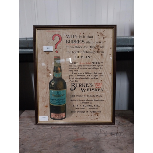 722 - Framed A and J Burke Burke's Whiskey framed advertising print. {42 cm H x 34 cm W}.