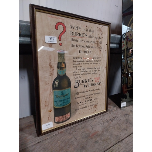 722 - Framed A and J Burke Burke's Whiskey framed advertising print. {42 cm H x 34 cm W}.