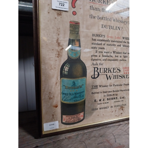 722 - Framed A and J Burke Burke's Whiskey framed advertising print. {42 cm H x 34 cm W}.