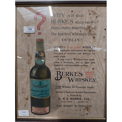 722 - Framed A and J Burke Burke's Whiskey framed advertising print. {42 cm H x 34 cm W}.