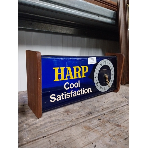 723 - 1970's Harp perspex and wood battery operated advertising clock. {15 cm H x 34 cm W x 9 cm D}