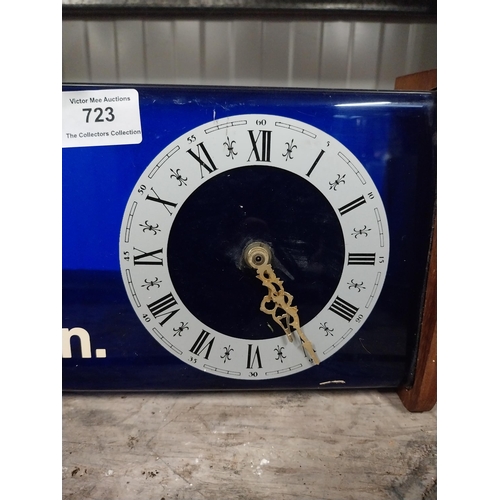 723 - 1970's Harp perspex and wood battery operated advertising clock. {15 cm H x 34 cm W x 9 cm D}