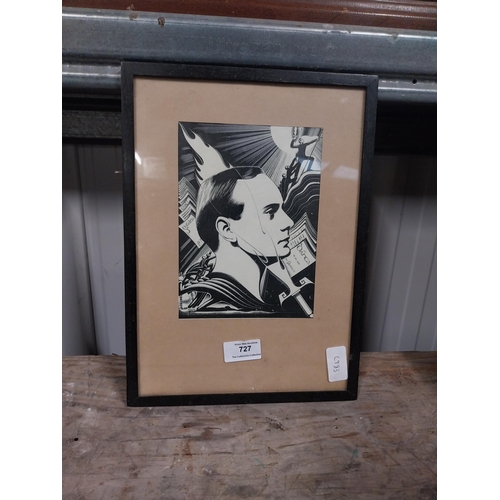 727 - Framed wood cut of Padraig Pearse. {33 cm H x 24cm W}.