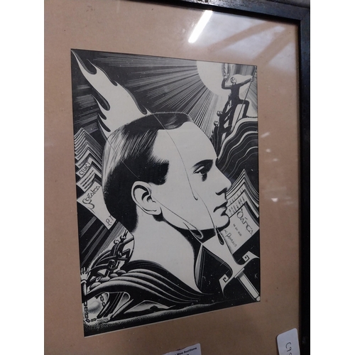 727 - Framed wood cut of Padraig Pearse. {33 cm H x 24cm W}.