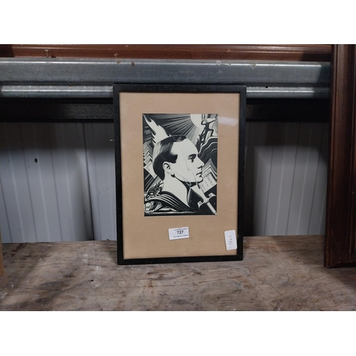 727 - Framed wood cut of Padraig Pearse. {33 cm H x 24cm W}.