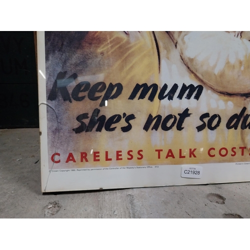 729 - Keep Mum She's Not So Dumb Careless Thoughts Cost Lives framed coloured print. {77 cm H x 51 cm W}.