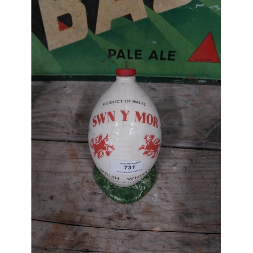 731 - Syn Y Mor Welsh Whiskey ceramic advertising bottle. {17 cm H x 10 cm W x 10 cm D}.