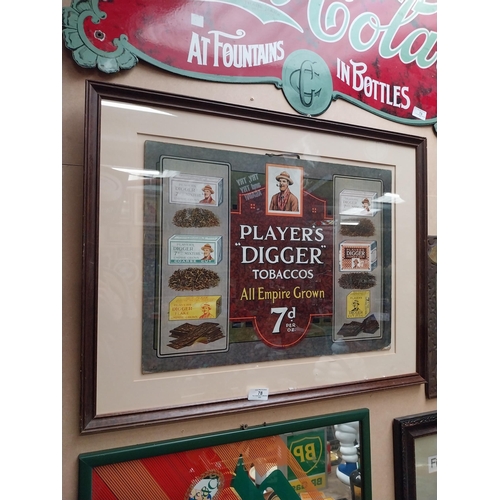 78 - Rare Player's Digger Tobaccos pictorial framed advertising show card {54 cm H x 69 cm W}.