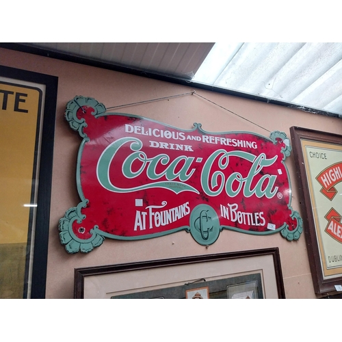 79 - Coca Cola at Fountains and in Bottles enamel advertising sign.{47 cm H x 88 cm W}