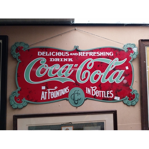 79 - Coca Cola at Fountains and in Bottles enamel advertising sign.{47 cm H x 88 cm W}