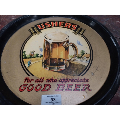 93 - Ushers for all who appreciate good beer tin plate adverting tray. {3 cm H x 22 cm Dia.}.