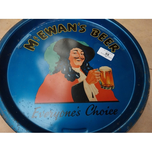 98 - McEwans Beer tin plate advertising tray. {2 cm H x 32 cm Dia.}.