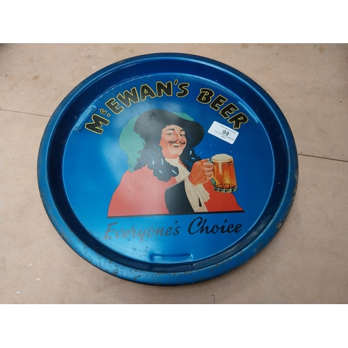 98 - McEwans Beer tin plate advertising tray. {2 cm H x 32 cm Dia.}.