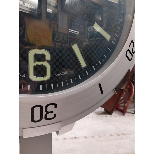 832 - Raymond Weil Shop display advertising clock on stand. {110 cm H x 90 cm W x 27 cm D}.