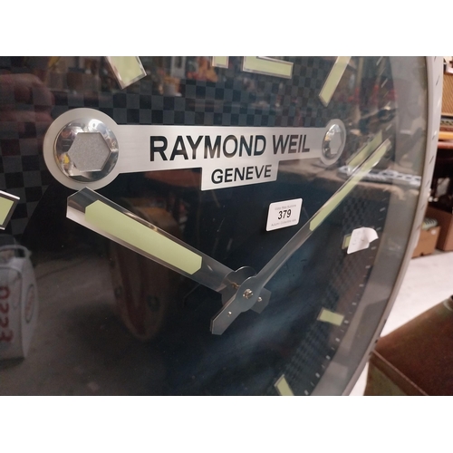 832 - Raymond Weil Shop display advertising clock on stand. {110 cm H x 90 cm W x 27 cm D}.