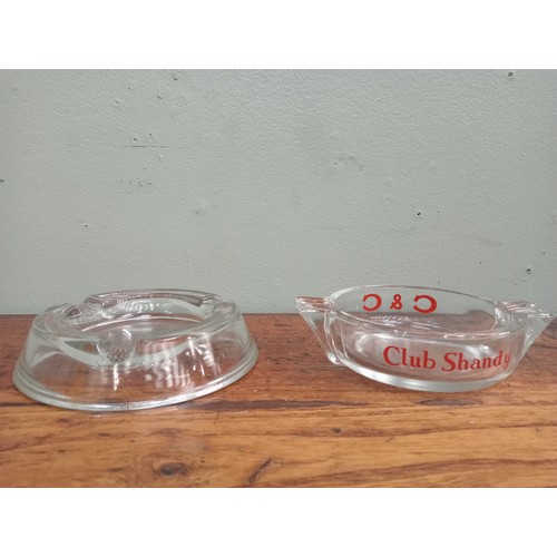 135A - Two glass ashtrays -  Players Please and Club Shandy  H 4cm x Dia 17cm H 4cm x Dia 14cm