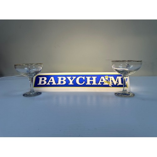 219 - Babycham shelf light with two original Babycham glasses {Light: 8cm H x 36cm W}