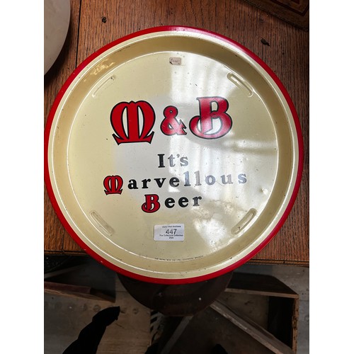 447 - M and B Its Marvellous beer tin plate drink's tray. {2 cm H x 32 cm Dia}.