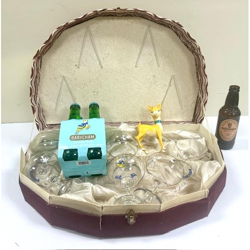 680A - Babycham original presentation display, includes six glasses, four unopened bottles and Babycham fig... 