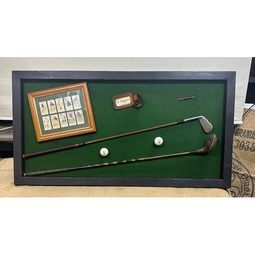 610A - Framed montage of golfing memoribilia with original golf cigarette showcards a 1930's driver with bo... 