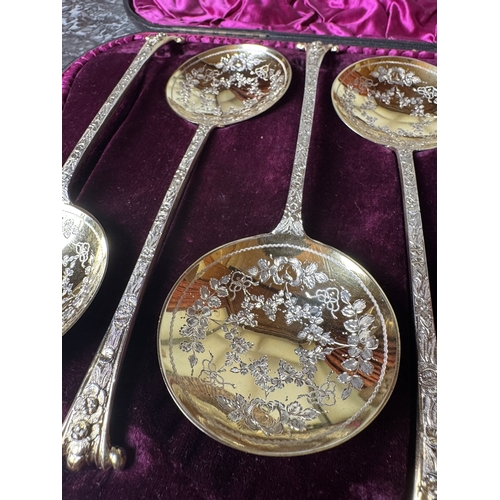 1014 - Set of six gilt English silver fruit spoons, Onslow pattern, inscribed on spoon bowl 