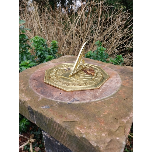 1047 - 19th C. Sandstone sundial with later brass dial. {128 cm H x 47 cm W x 47 cm D}.