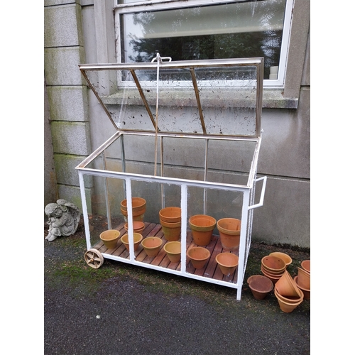 1056 - Good quality wrought iron portable mini greenhouse on wheels with lift up lid. {107 cm H x 123 cm W ... 