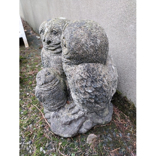 1060 - Weathered composition model of Owl family. {32 cm H x 24 cm W  x 30 cm D}.