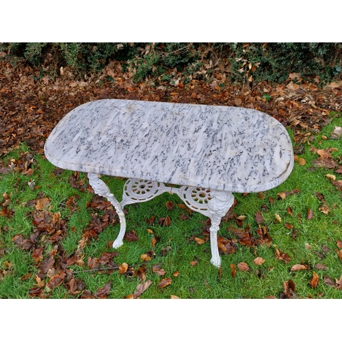 1078 - Cast iron garden table with marble top. {56 cm H x 102 cm W x 51 cm D}.