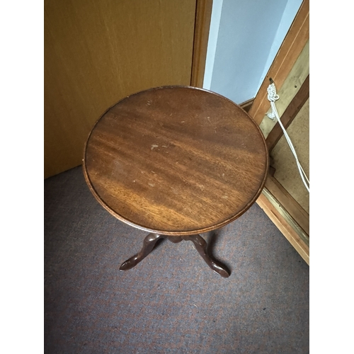 1089 - 20th. C. mahogany wine table, raised on turned column and three outswept feet. { 50cm H X 30cm Dia. ... 