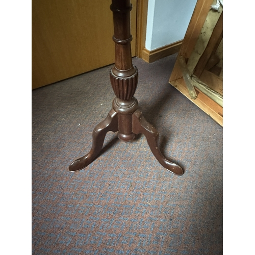 1089 - 20th. C. mahogany wine table, raised on turned column and three outswept feet. { 50cm H X 30cm Dia. ... 