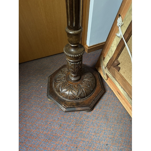 1090 - 1930's oak standard lamp with reeded column raised on carved hexacon base. { 153cm H X 33cm Dia. }.