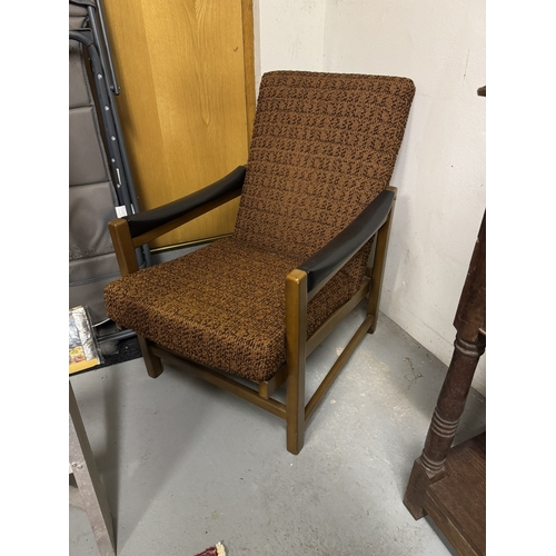 1096 - Mid century upholstered mahogany open armed chair. { 91cm H X 57cm W X 65cm D }.