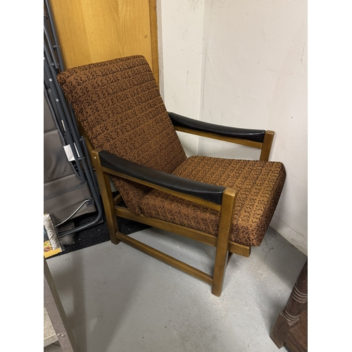 1096 - Mid century upholstered mahogany open armed chair. { 91cm H X 57cm W X 65cm D }.