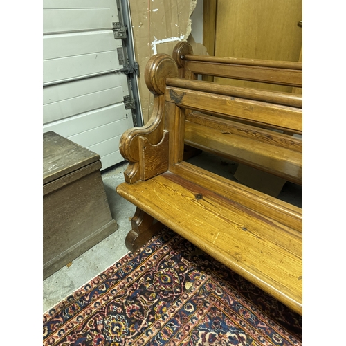 1102 - 19th. C. pitch pine open backed pew. { 96cm H X  295cm W X 42cm D }.