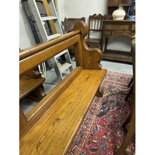 1102 - 19th. C. pitch pine open backed pew. { 96cm H X  295cm W X 42cm D }.