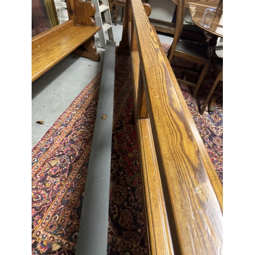 1102 - 19th. C. pitch pine open backed pew. { 96cm H X  295cm W X 42cm D }.