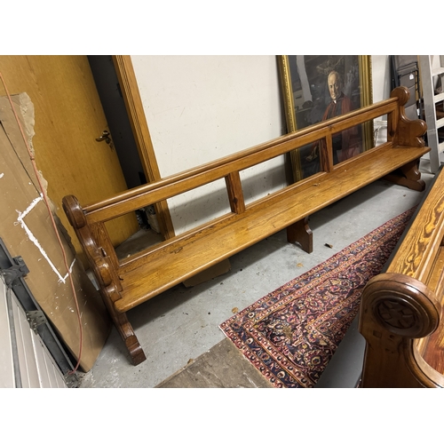 1103 - 19th. C. pitch pine open backed pew. { 96cm H X  295cm W X 42cm D }.