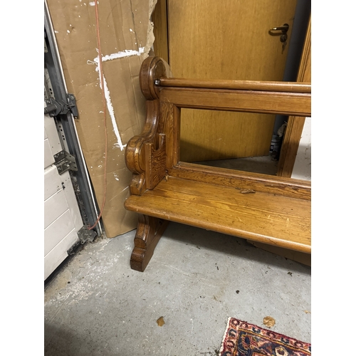 1103 - 19th. C. pitch pine open backed pew. { 96cm H X  295cm W X 42cm D }.