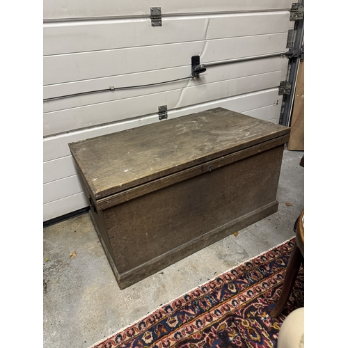 1105 - 19th. C. painted pine carpenter's tool chest with metal handles. { 53cm H X 98cm W X 56cm D }.