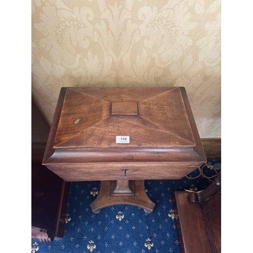 119 - William IV mahogany teapoy raised on square coloumn and platform base. {84 cm H x 46 cm W  x 31 cm D... 