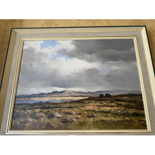 121 - Oil on canvas West of Ireland Scene Maurice C Wilkes mounted painted pine frame. {45 cm H x 59 cm W}... 