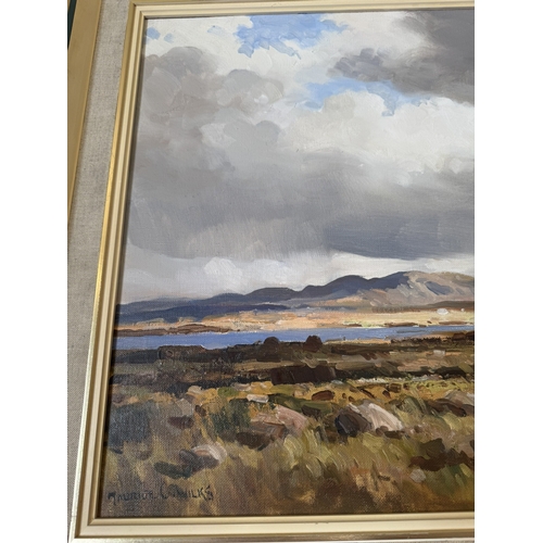 121 - Oil on canvas West of Ireland Scene Maurice C Wilkes mounted painted pine frame. {45 cm H x 59 cm W}... 