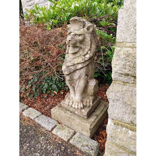 14 - Pair of 19th C. Weathered compositon model of seated lions on square plinth. {90 cm H x 32 cm W x 32... 