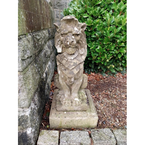 14 - Pair of 19th C. Weathered compositon model of seated lions on square plinth. {90 cm H x 32 cm W x 32... 