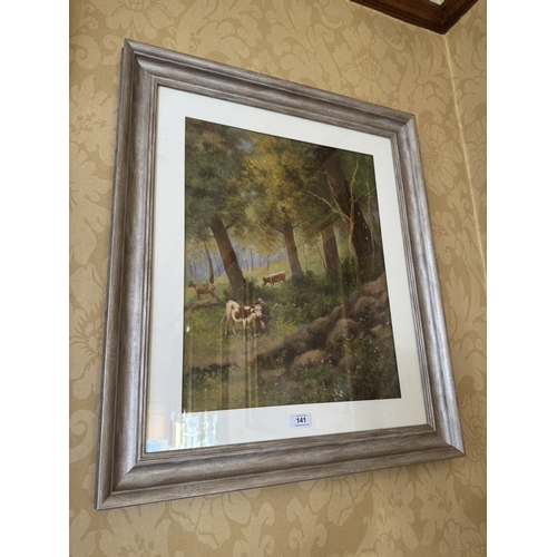 141 - Woodland scene Oil on Canvas mounted in silvered frame {72cm  H  x 62cm W}.